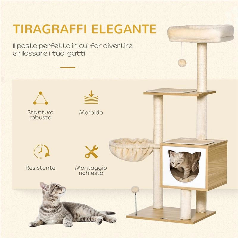 TIRAGRAFFI PER GATTI CON 2 PALI, CASETTA, AMACA, LETTINO E 2 PALLINE, IN LEGNO, PILE E SISAL, 48X40X126 CM