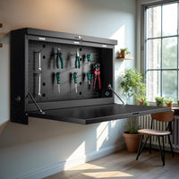 Banco da lavoro pieghevole a parete, portata fino a 50 kg, tavolo richiudibile con pannello porta attrezzi forato, in acciaio, 91,2 x 69 x 61 cm, con 2 chiavi, ideale per officine e garage