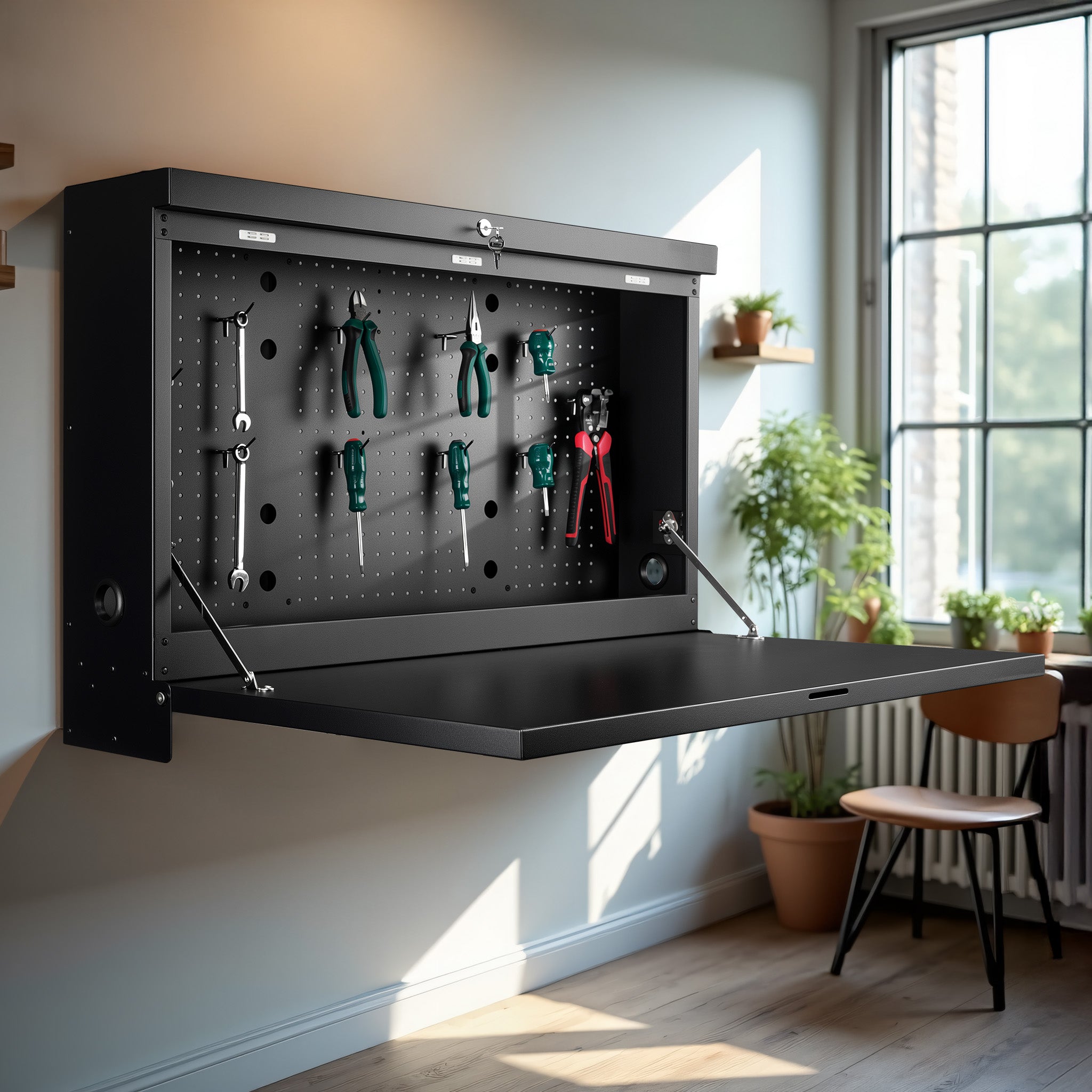 Banco da lavoro pieghevole a parete, portata fino a 50 kg, tavolo richiudibile con pannello porta attrezzi forato, in acciaio, 91,2 x 69 x 61 cm, con 2 chiavi, ideale per officine e garage
