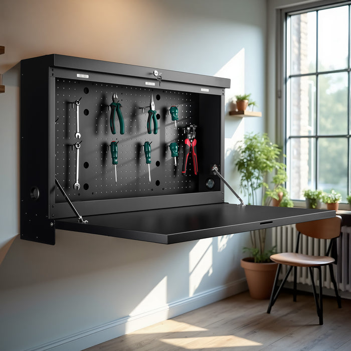 Banco da lavoro pieghevole a parete, portata fino a 50 kg, tavolo richiudibile con pannello porta attrezzi forato, in acciaio, 91,2 x 69 x 61 cm, con 2 chiavi, ideale per officine e garage