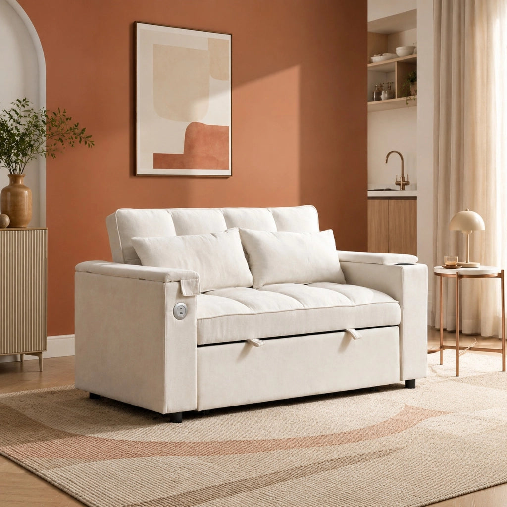 Divano letto pieghevole beige con USB, Type-C e tavolino
