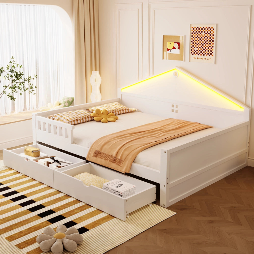 Letto singolo con LED e cassetti, 140x200 cm, bianco