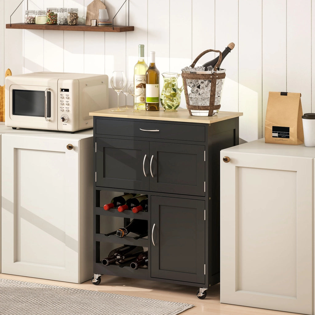 Carrello da Cucina con Portabottiglie ¨C Xylo ¨C Legno Nero e Rovere, 3 Ante e Cassetto, 67x37x87 cm