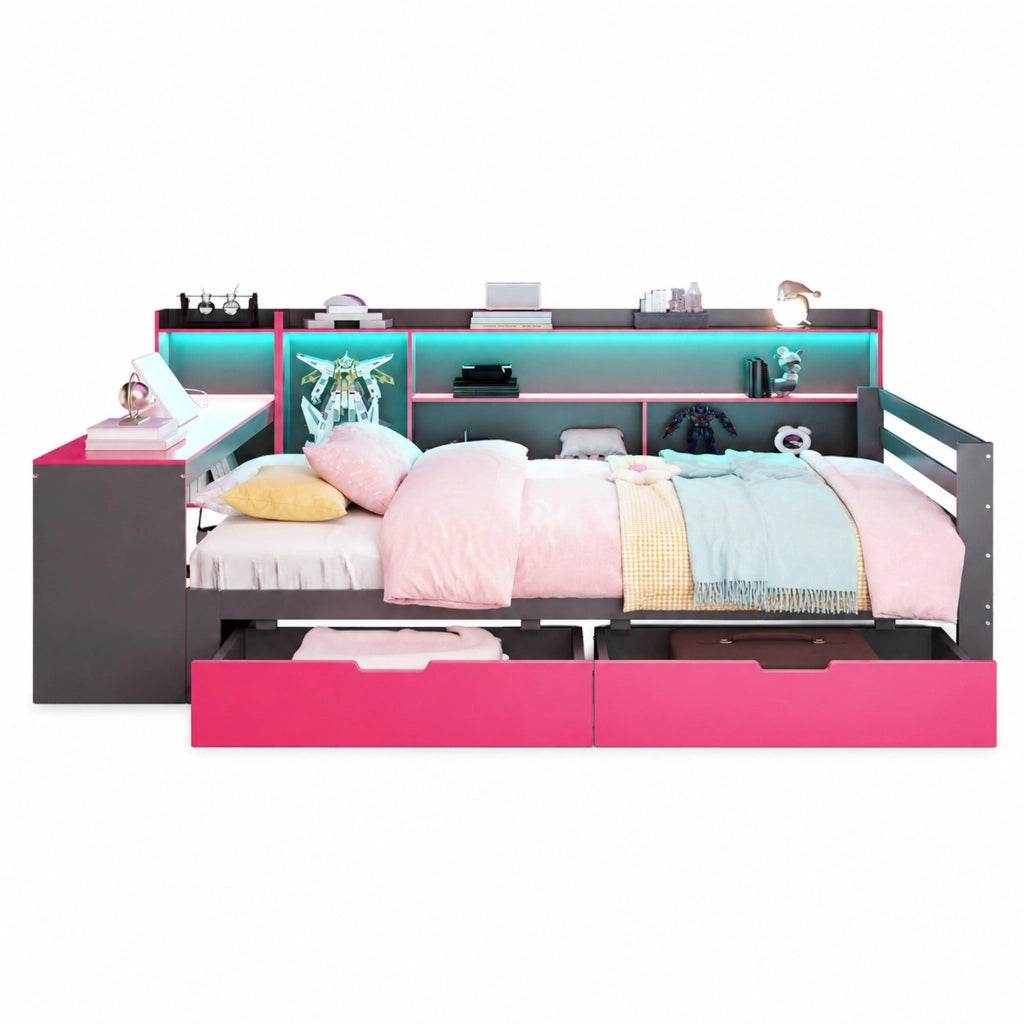Letto matrimoniale multifunzionale 140 x 200 cm con scrivania; cassetti; LED e prese; nero e rosso