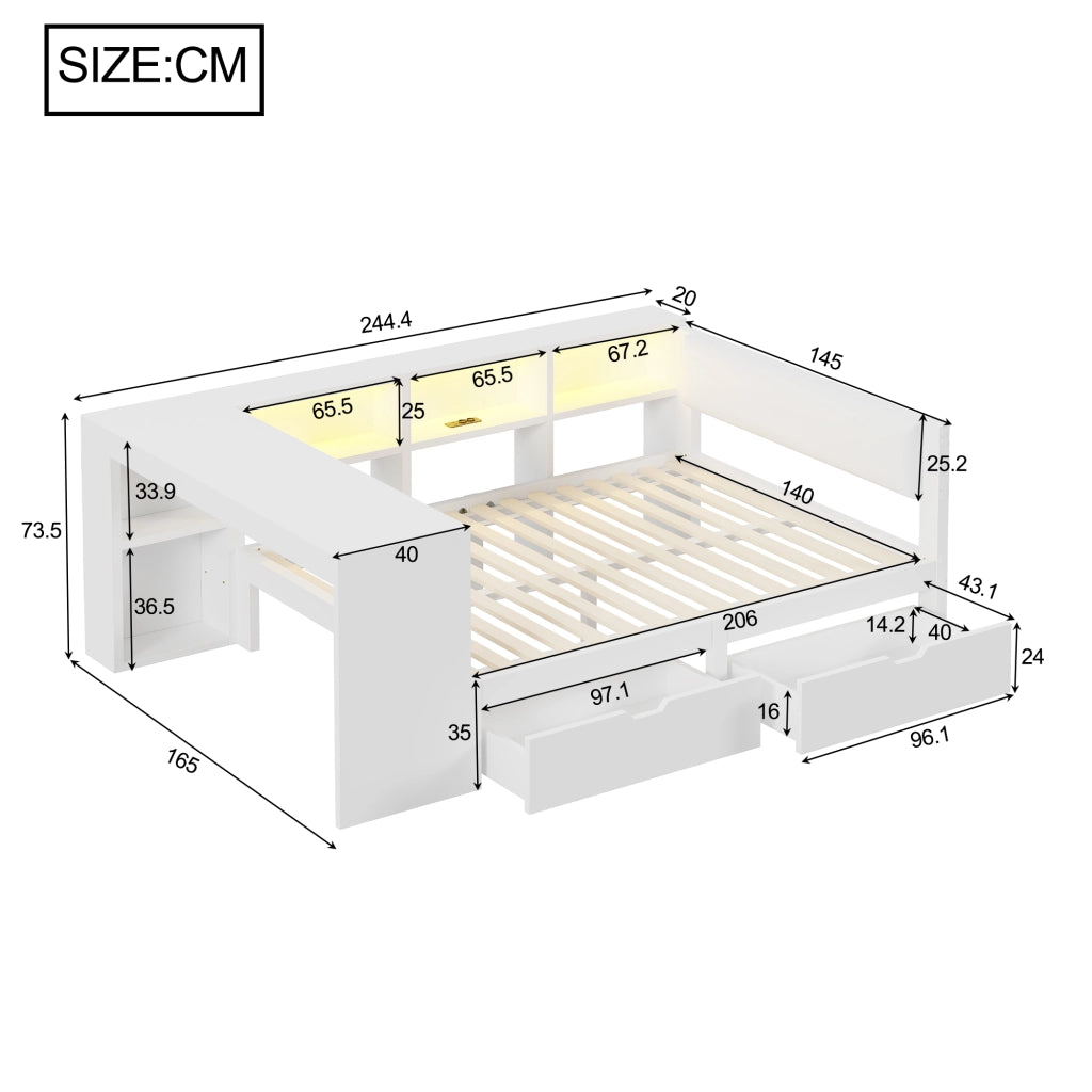 Letto per adulti 140 × 200 cm con testiera imbottita, ripiani, 2 cassetti, prese USB e LED, senza materasso, bianco