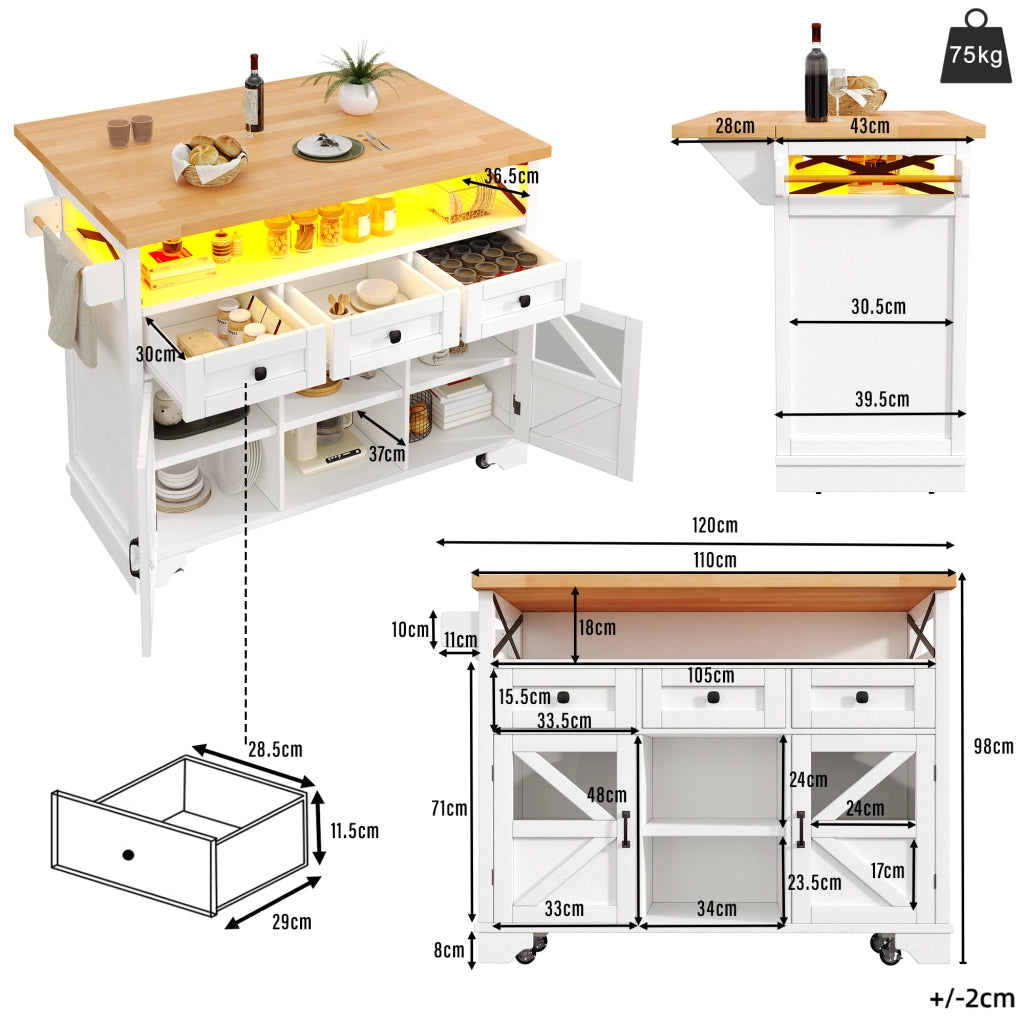 OKWISH Carrello da Cucina con 3 Cassetti e 2 Ante, Piano Pieghevole, Ripiani Regolabili e Ruote, Bianco