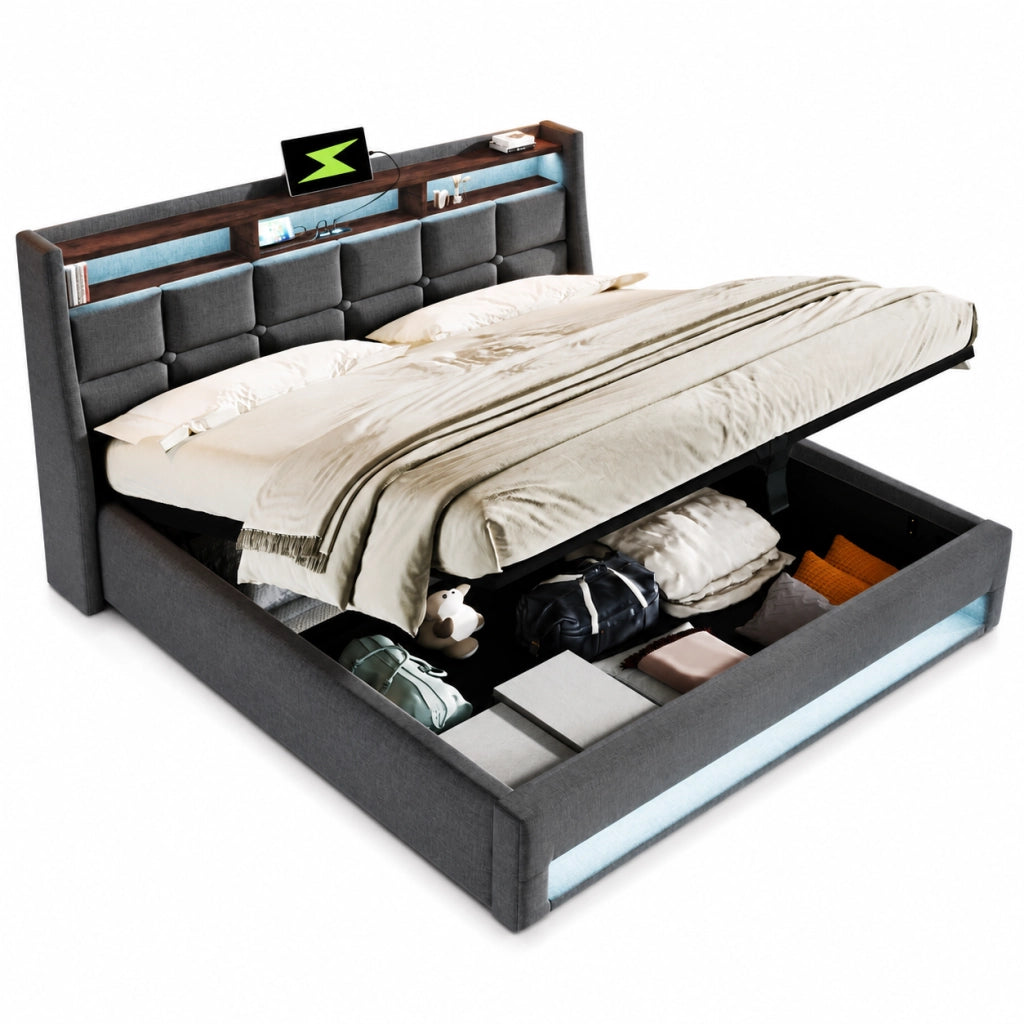 Letti contenitori 180x200 cm; LED e USB; contenitore; lino; grigio (Senza materasso)