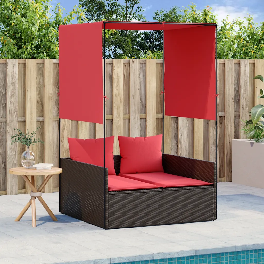 Lettino prendisole doppio con tettoia e tende in Polyrattan Marrone 4002762