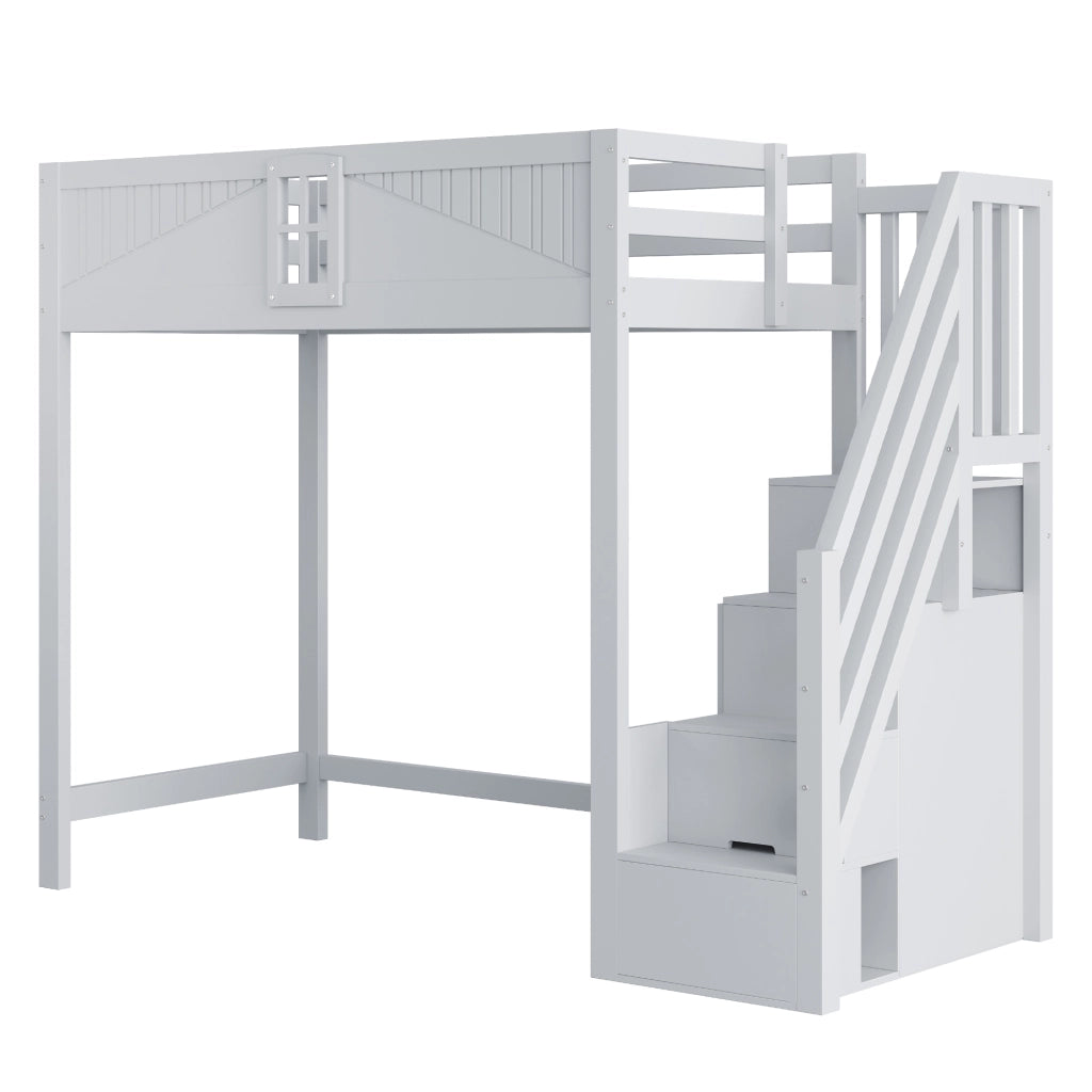 Letto a soppalco in legno massello 90 x 200 cm con scala laterale reversibile, vano contenitore integrato e protezione a finestra, grigio