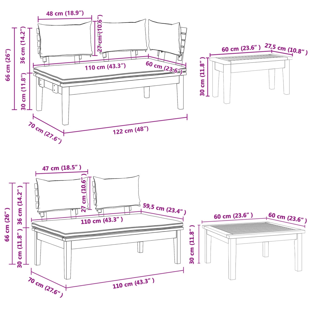 Set Panchina da Giardino  in 4 Pezzi con Cuscini in Legno Teak