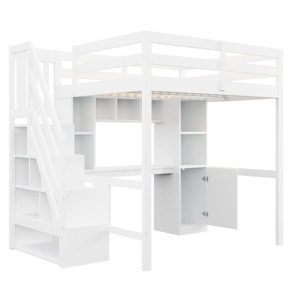 Letto a soppalco 140x200 cm con scrivania; scala contenitore; scaffali; LED e prese EU; bianco