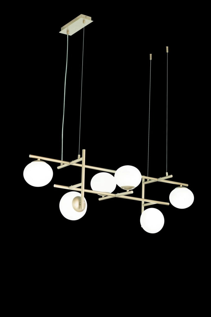 SOSPENSIONE JEWEL 6 LUCI ORO VETRO BIANCO SATINATO ATTACCO E14 VETRO D.15CM L.115CM RETTANGOLARE