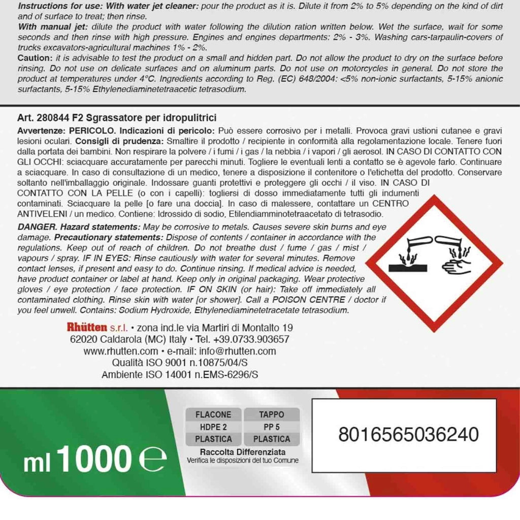 Rhutten Sgrassatore Idropulitrici Auto F2 1 L