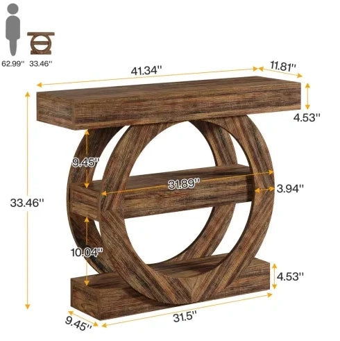 Tavolo consolle rustico 105x30x85 cm con 3 ripiani aperti; legno marrone rustico