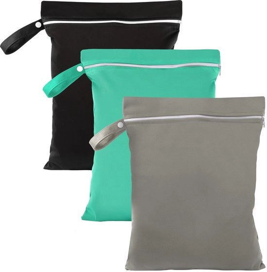 Pacchetto con 3 sacchi umidi, sacco umido 40 x 30 cm, sacco umido impermeabile con cerniera, valigetta riutilizzabile con piccolo sacchetto per capi da bagno/teloni da spiaggia/lavaggi (grigio + verde + nero).