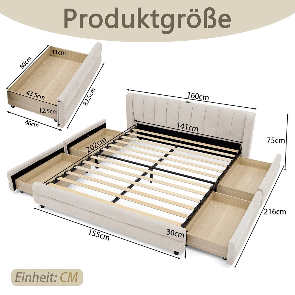 Letto Matrimoniale Contenitore Imbottito in Velluto ¨C MINIMAL ¨C 140x200 cm, Beige