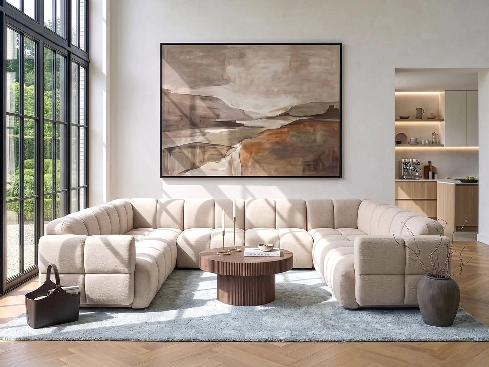 Divano modulare a forma di U in tessuto beige, set componibile da otto elementi, divano modulare in stile moderno