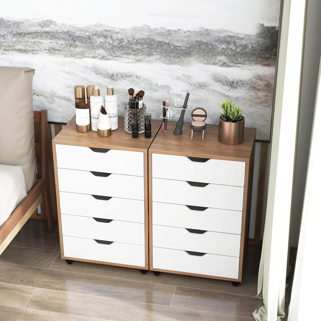 Cassettiera Ufficio con 5 Cassetti, Cassettiera Scrivania con Ruote Universali, Schedario Portadocumenti in Legno per Soggiorno, Camera da Letto, Studio, 49 x 42 x 66 cm (Naturale)
