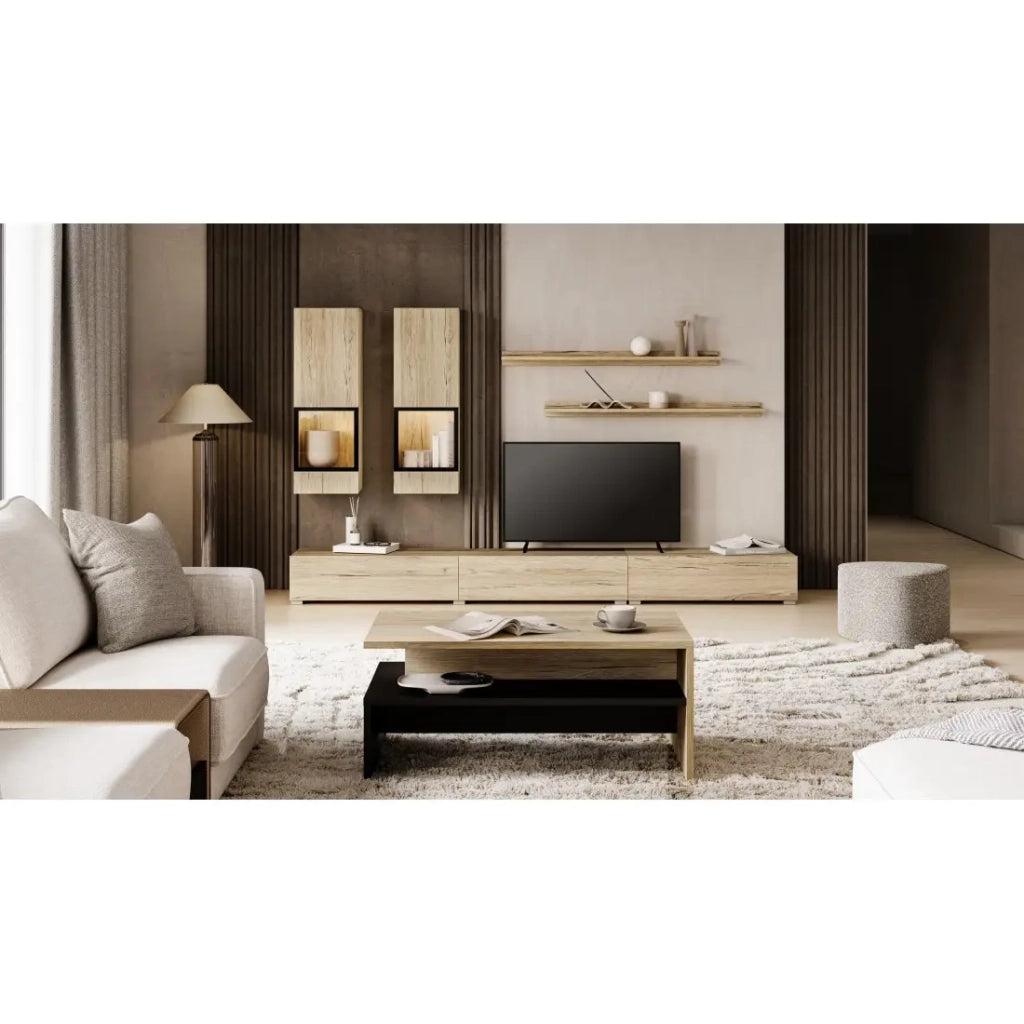 Set soggiorno RAMOS – LED multicolori integrate – Rovere e nero - Mobile TV, vetrine, scaffali