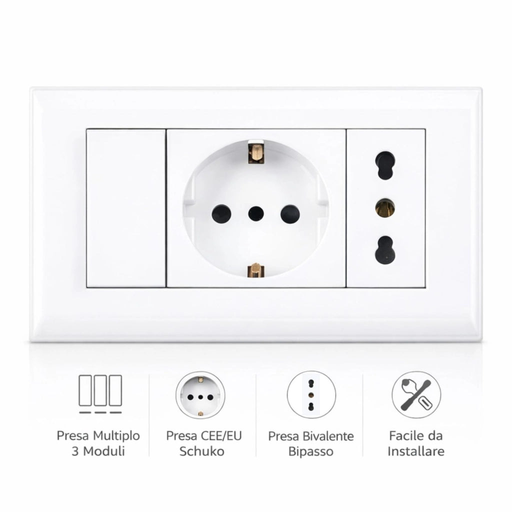 Placca Placchetta Elettrica 3 Posti con Interruttore e Schuko Bipasso