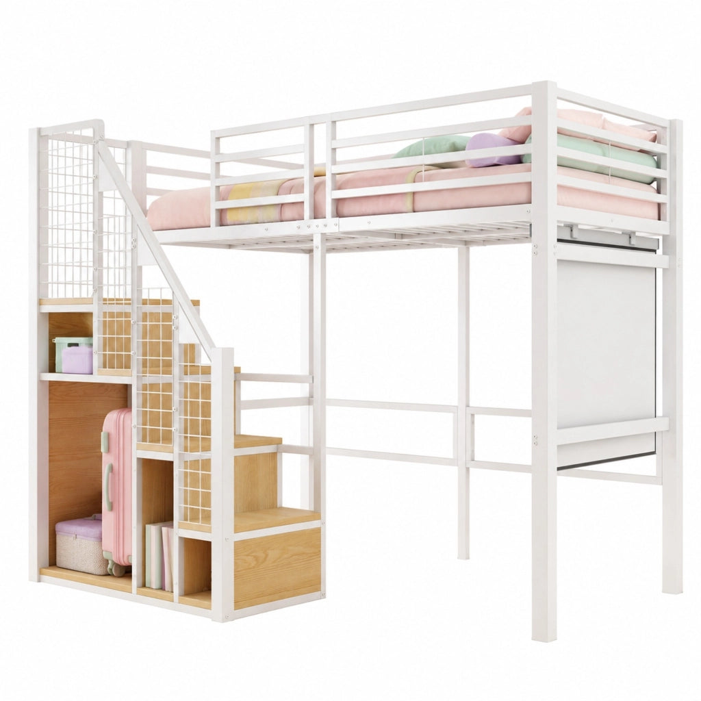 Letto a soppalco 90x200 cm con scala; contenitore integrato in metallo; bianco