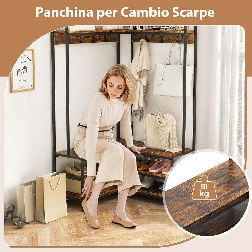 Stand Appendiabiti Angolare, Appendiabiti a Forma L con Ripiani Aperti 7 Ganci e Panca per Scarpe, Struttura in Metallo e Piedini Regolabili, 90x90x178 cm (Marrone industriale)