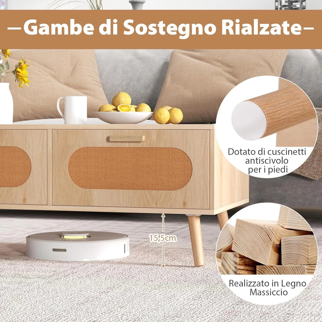 Tavolino da Caffè in Rattan, Tavolino Moderno con 2 Cassetti e Compartimento Posteriore e Gambe in Legno Massello, Tavolo Rettangolare da Salotto e Ufficio