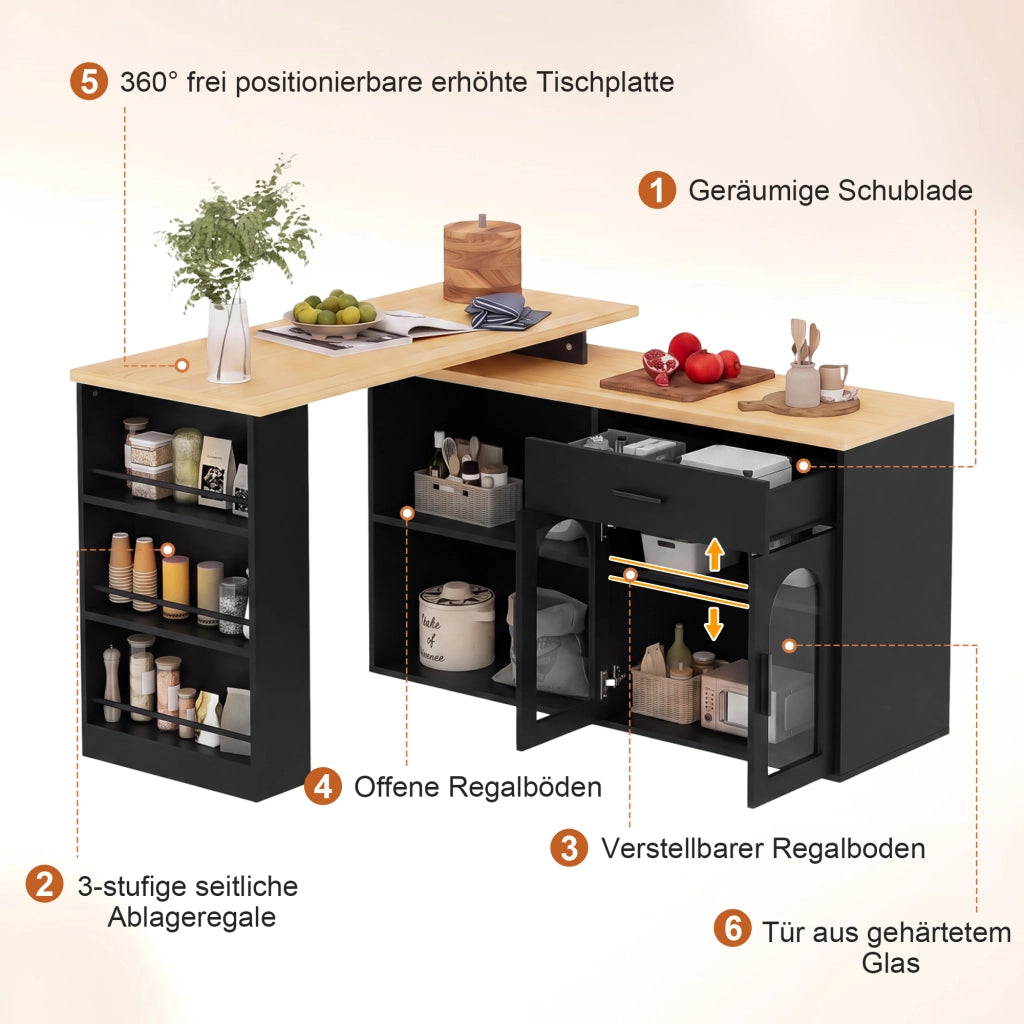 ISOLA CUCINA girevole 136x50x78 cm MDF Nero e Naturale con cassetto e ripiani