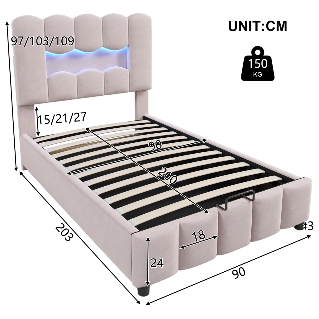 Letto contenitore singolo con LED regolabile e testiera regolabile 90 × 200 cm; senza materasso