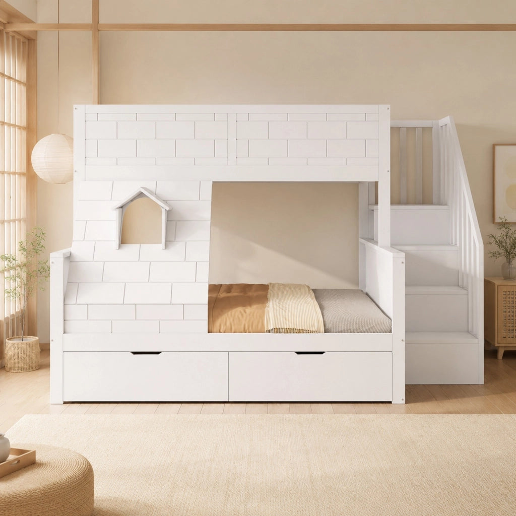 DESMIU Lit superposé 90 × 200 cm con 2 cassetti e scala contenitore, 1 posto in legno, senza materasso, bianco