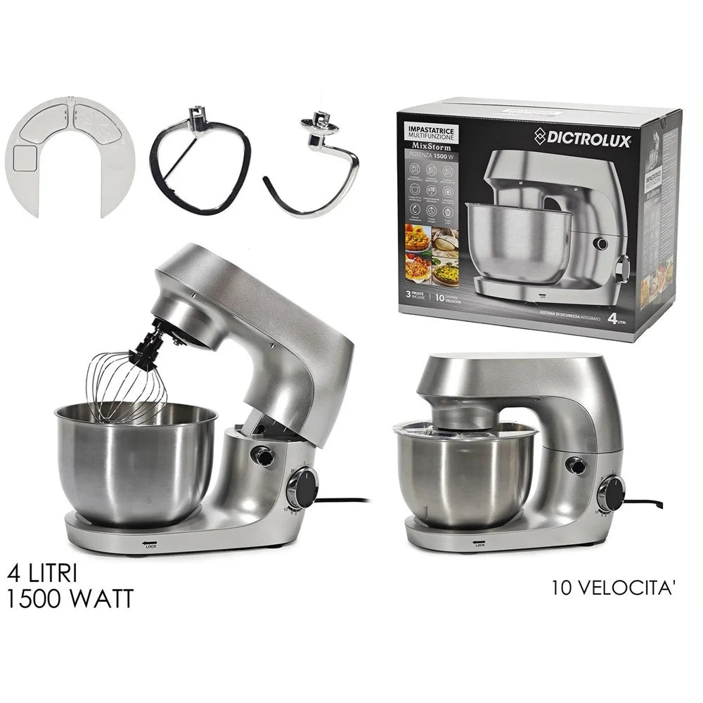 Trade Shop - Impastatrice Multifunzione Ciotola Da 4lt 1500w 10 Velocità Sistema Di Sicurezza Integrato -
