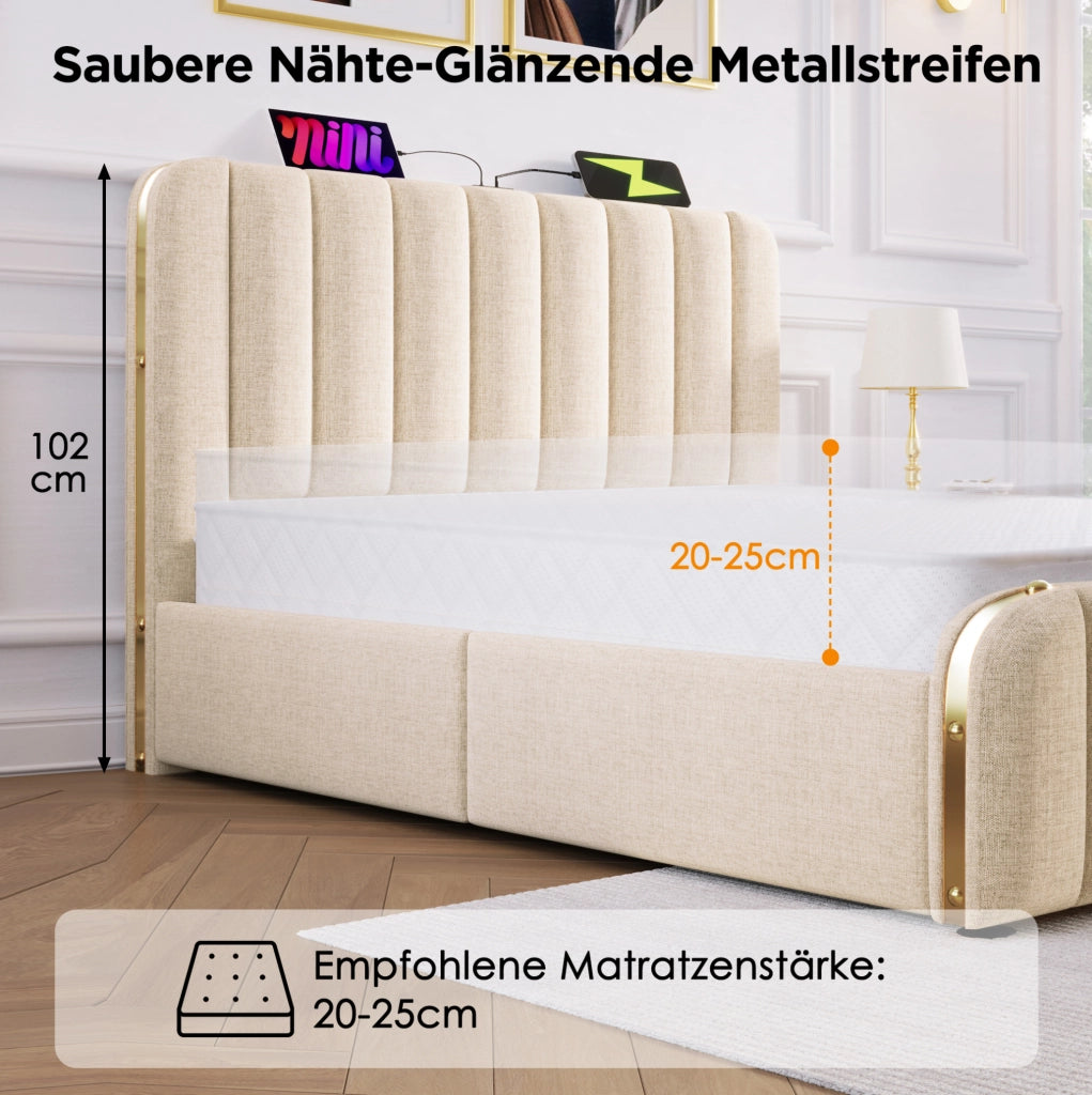 Letto singolo 90x200 cm in lino beige con 4 cassetti; testiera con USB e USB-C