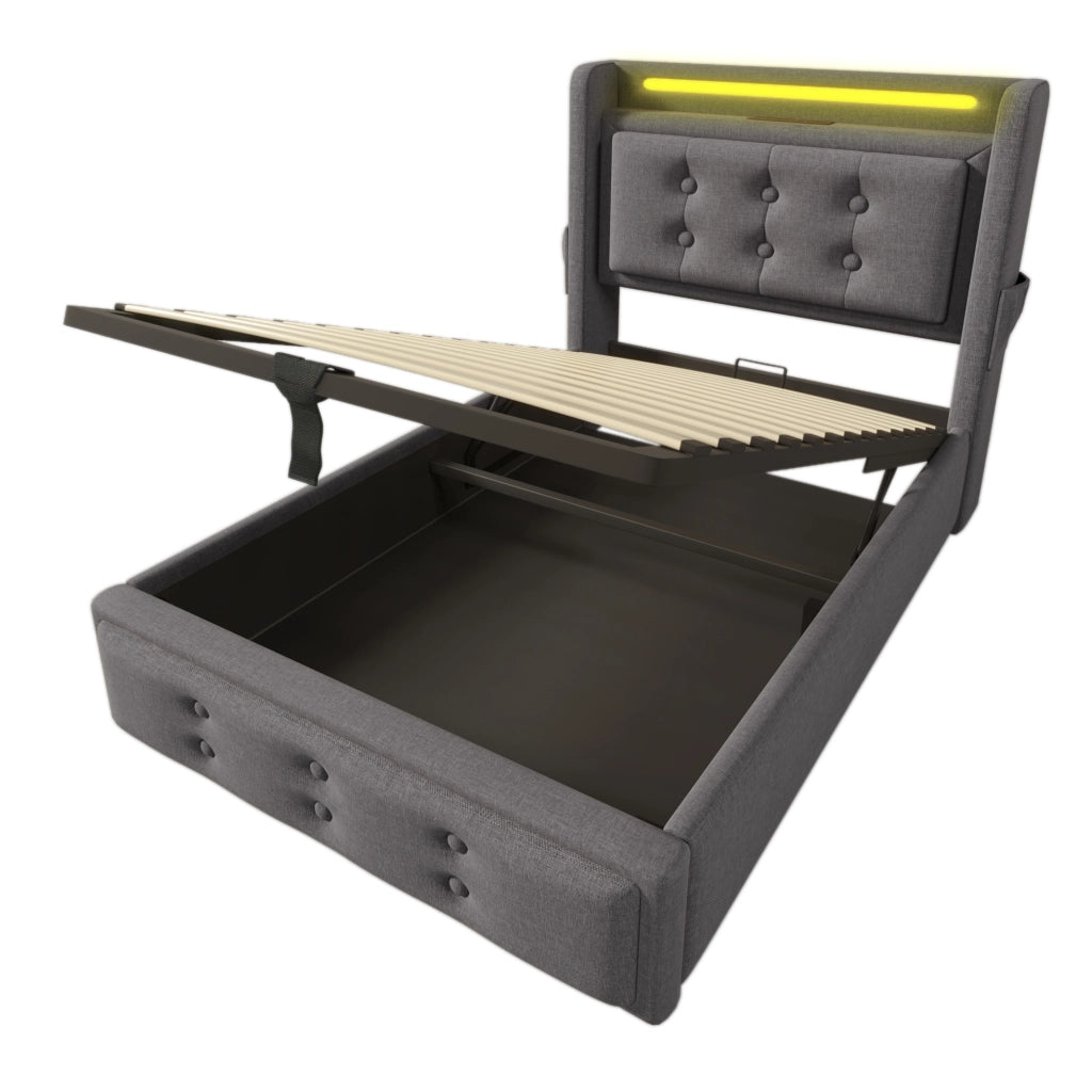 Letto singolo ULEVR 90x200 cm con contenitore a gas, testiera LED con 2 prese, USB e Type-C, grigio