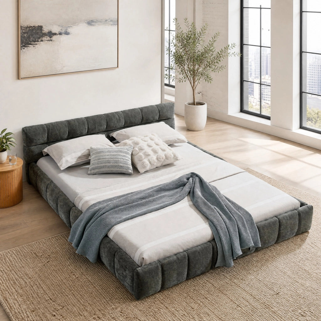 Letto matrimoniale 160x200 cm in chenille grigio scuro con struttura in eucalipto e ferro