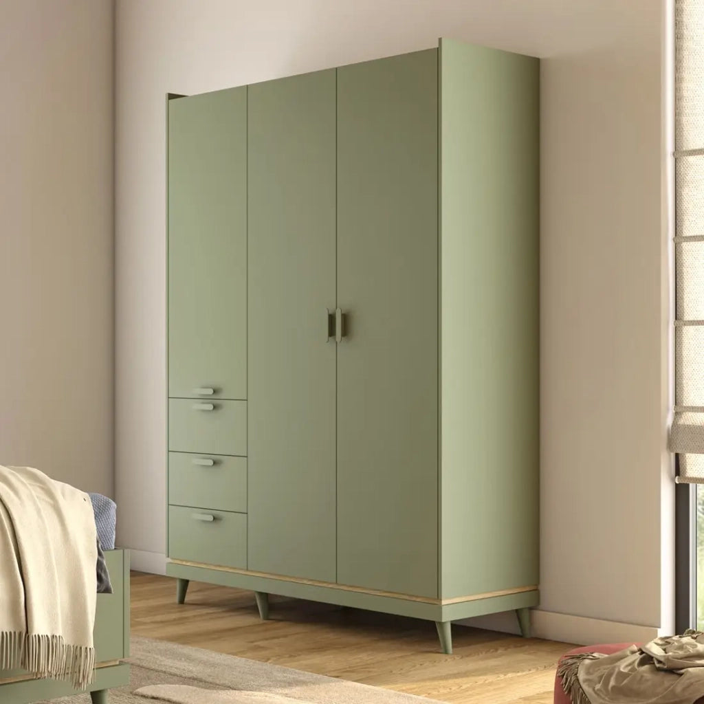 Armadio NOKI – 3 porte verde e legno – Stile scandinavo