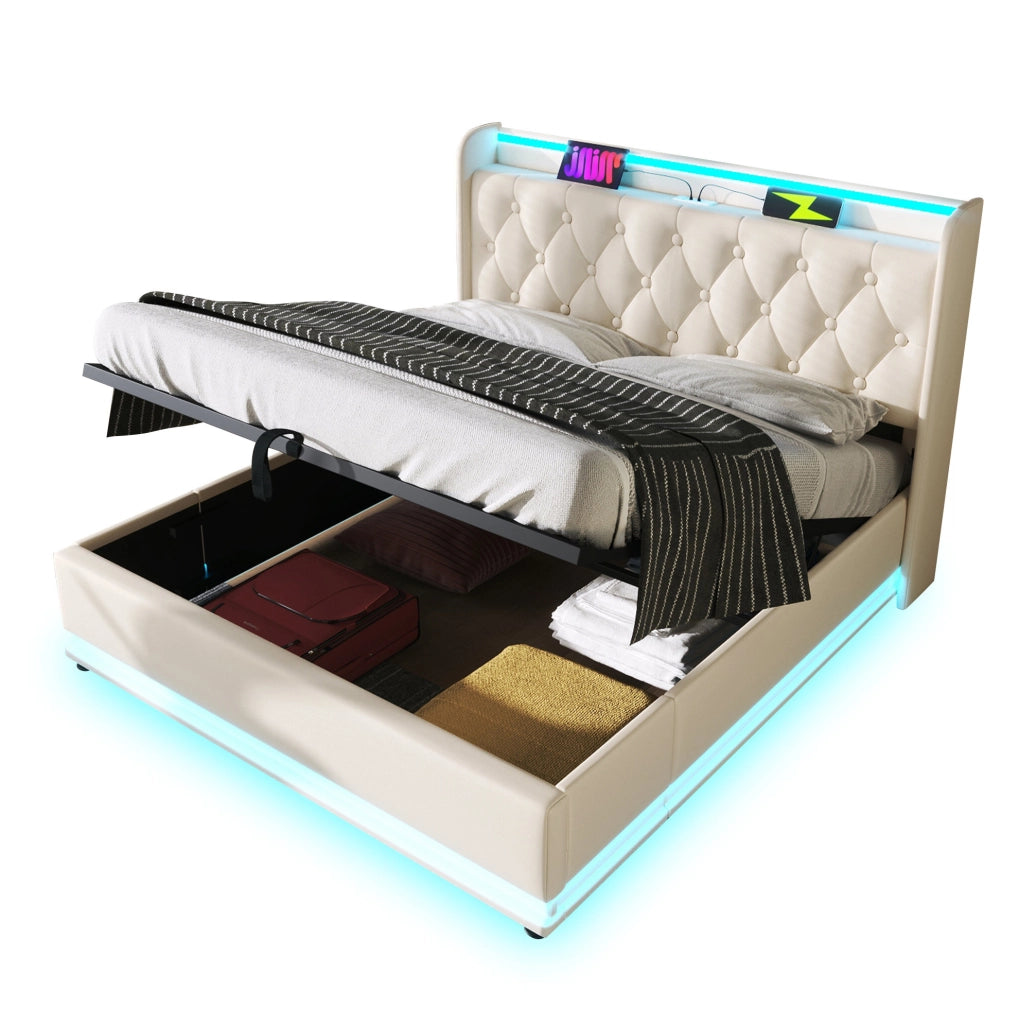 Letto matrimoniale imbottito 140x190 cm in PU bianco con LED; contenitore idraulico e USB Tipo-C