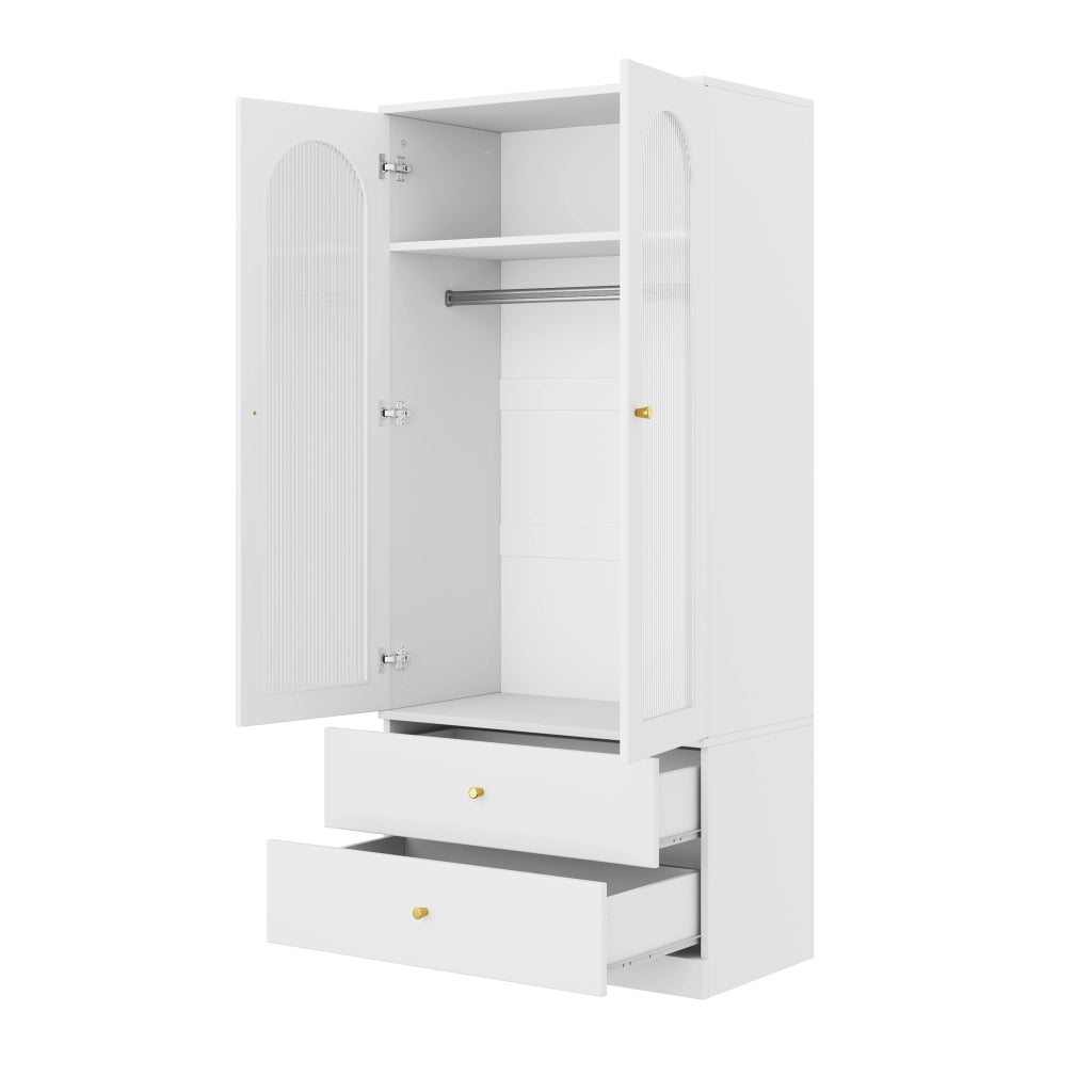 Armadio 90x50x200 cm con 2 cassetti e ante in vetro MDF bianco