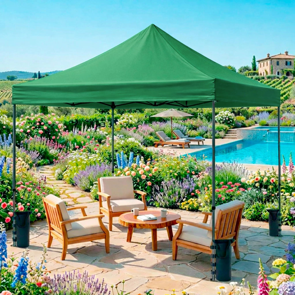 Gazebo Professionale Con Struttura A Fisarmonica Richiudibile Automatico In Acciaio E Telo Oxford 1200D PVC Impermeabile E Anti UV Dotato Di Sacche Zavorra E Borsa Trasporto Per Sagre Feste Eventi 3x3 M Verde