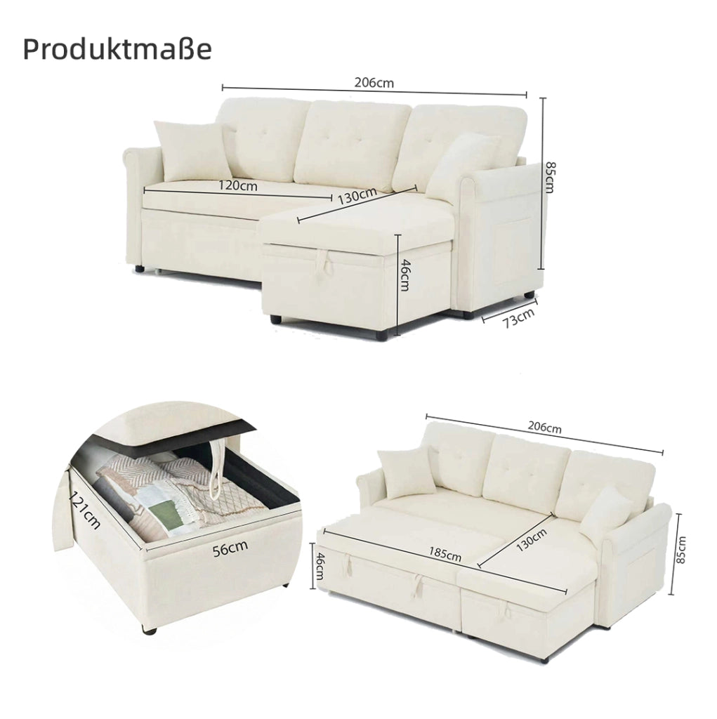 Divano angolare convertibile con letto, contenitore e chaiselongue reversibile con tasche laterali in chenille beige