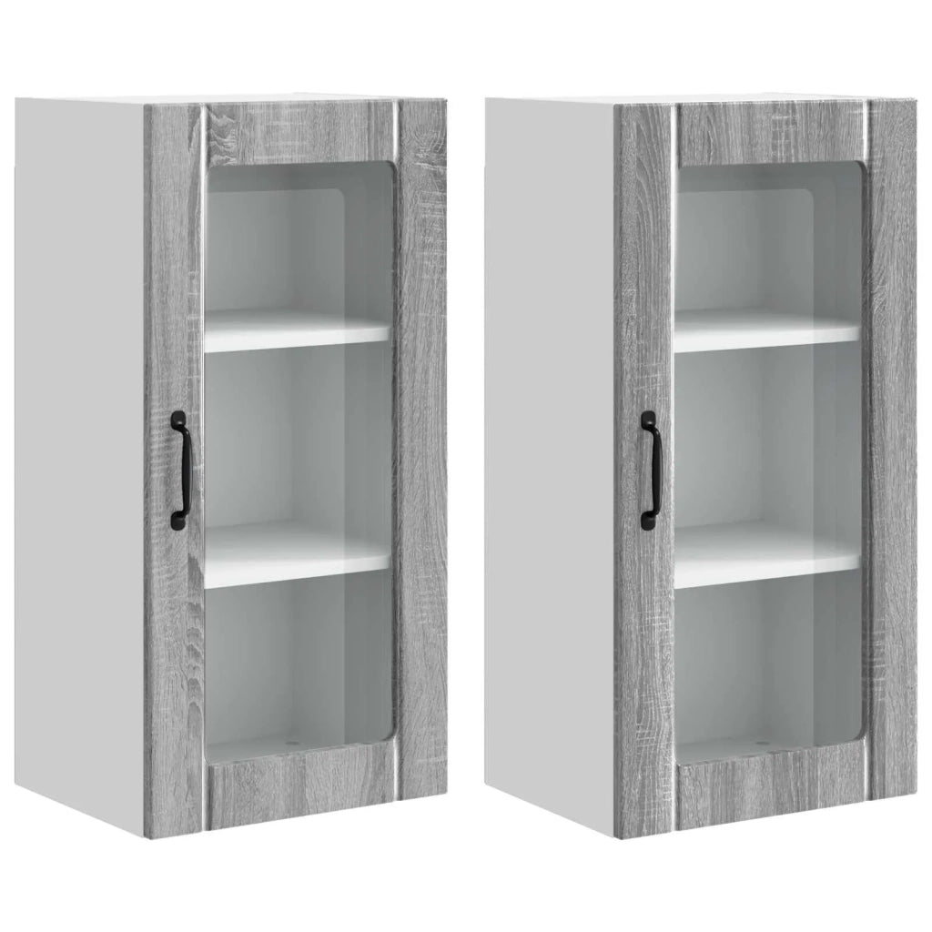 Pensile da cucina | Mobile in vetro da parete PORTO 2 pz Grigio Sonoma