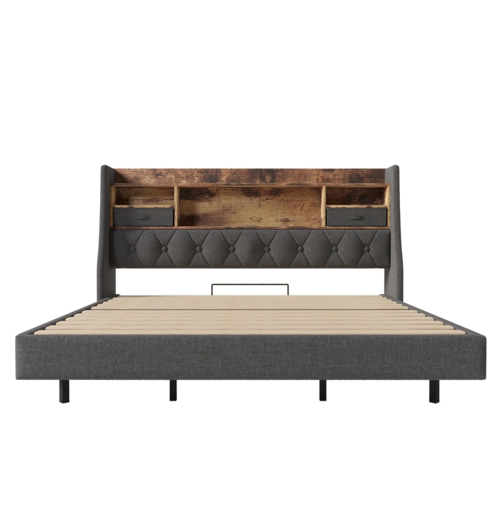 Letto matrimoniale 180x200 cm con LED; porta USB e USB C; testiera contenitore; lino grigio