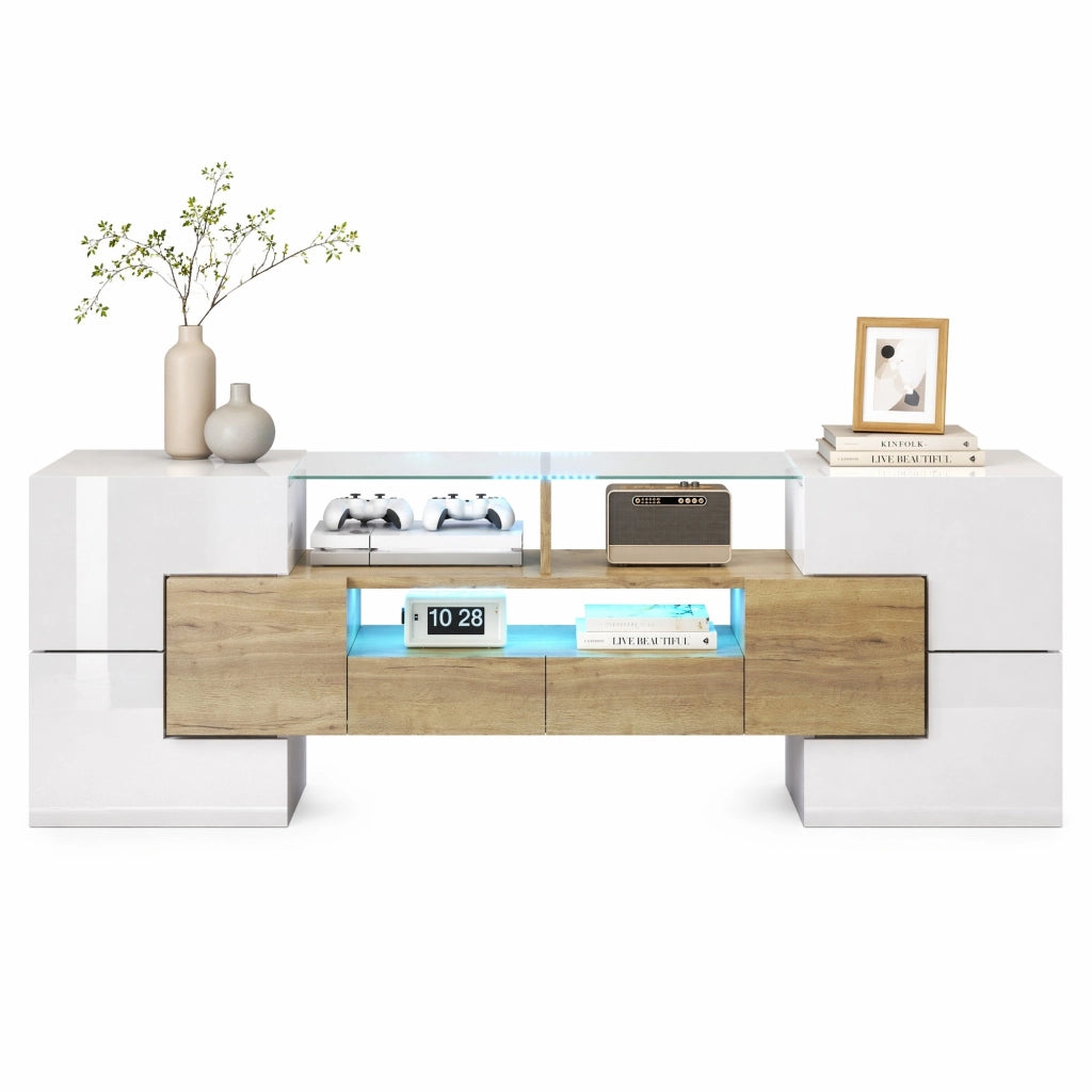 Mobile TV moderno bianco e oro con LED, 145 x 30 x 51 cm
