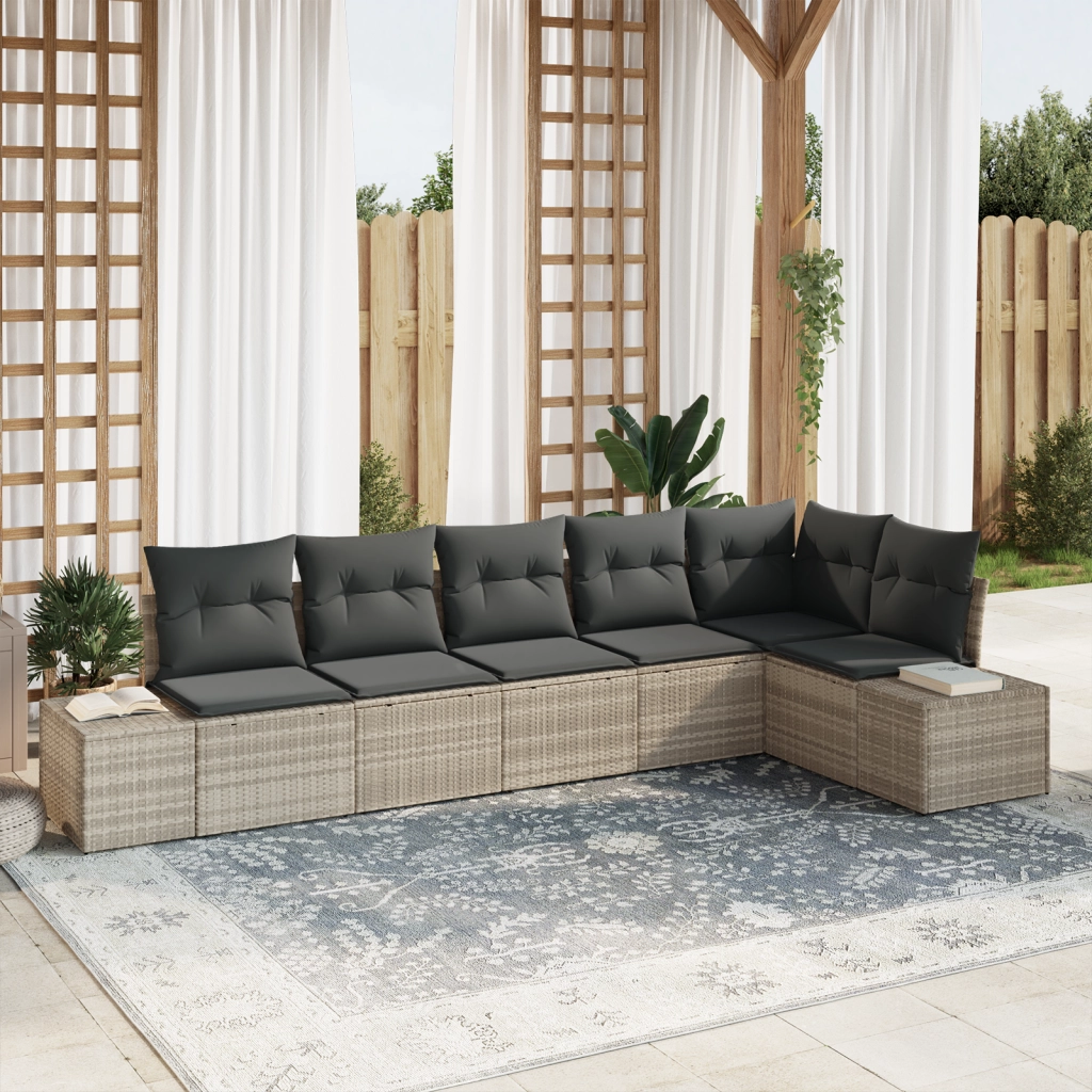 Set divano da giardino a 6 pezzi con cuscini Grigio chiaro Polyrattan
