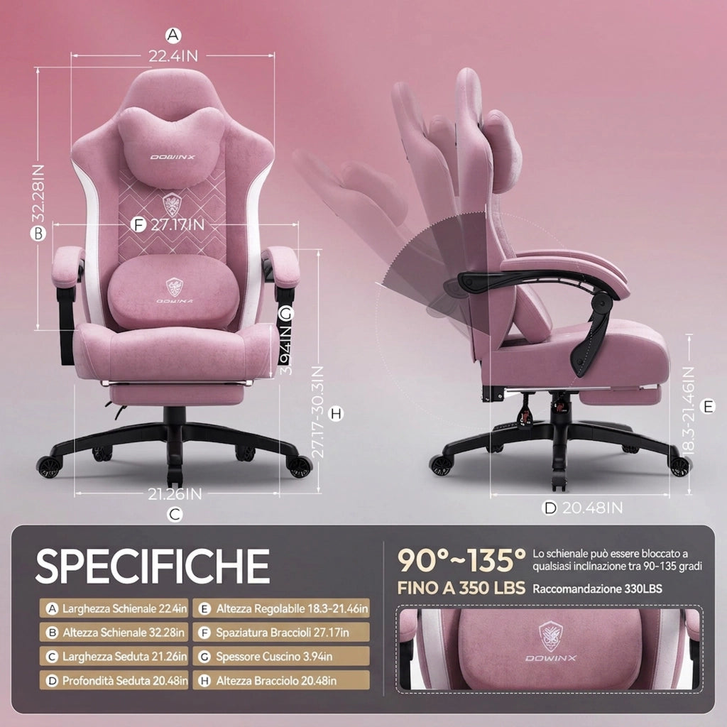 Sedia da Gaming | Funzioni di riscaldamento e massaggio, supporto lombare, poggiapiedi, materiale in tessuto, Bianco rosato