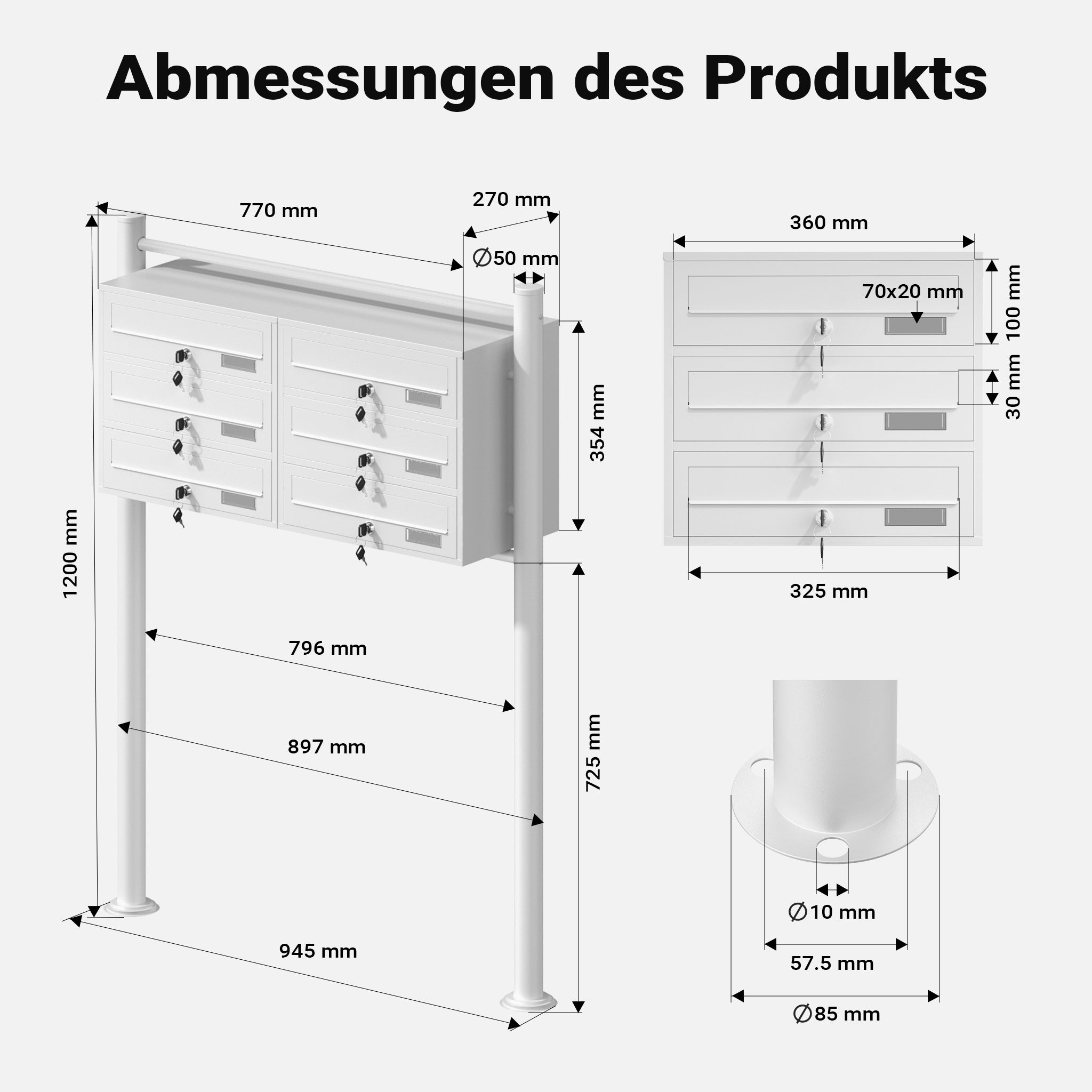 Cassetta postale condominiale autoportante 6 posti, bianco, 2 moduli 945 x 270 x 1200 mm