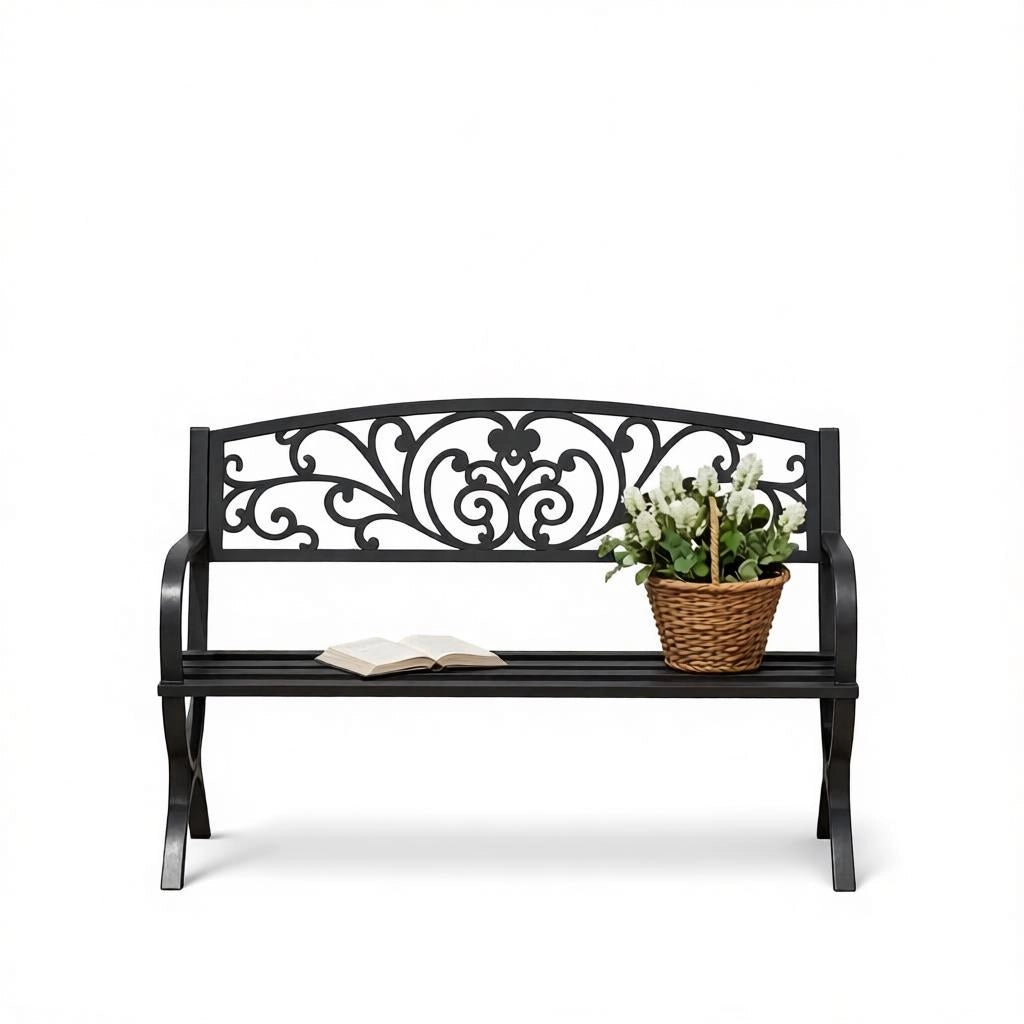 PANCHINA da giardino outdoor 127x60x85 cm nera in acciaio e ghisa