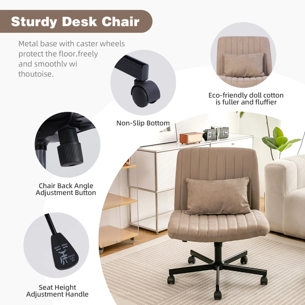 Sedia da ufficio ergonomica in tessuto con altezza regolabile, schienale reclinabile, rotelle silenziose cuscino khaki