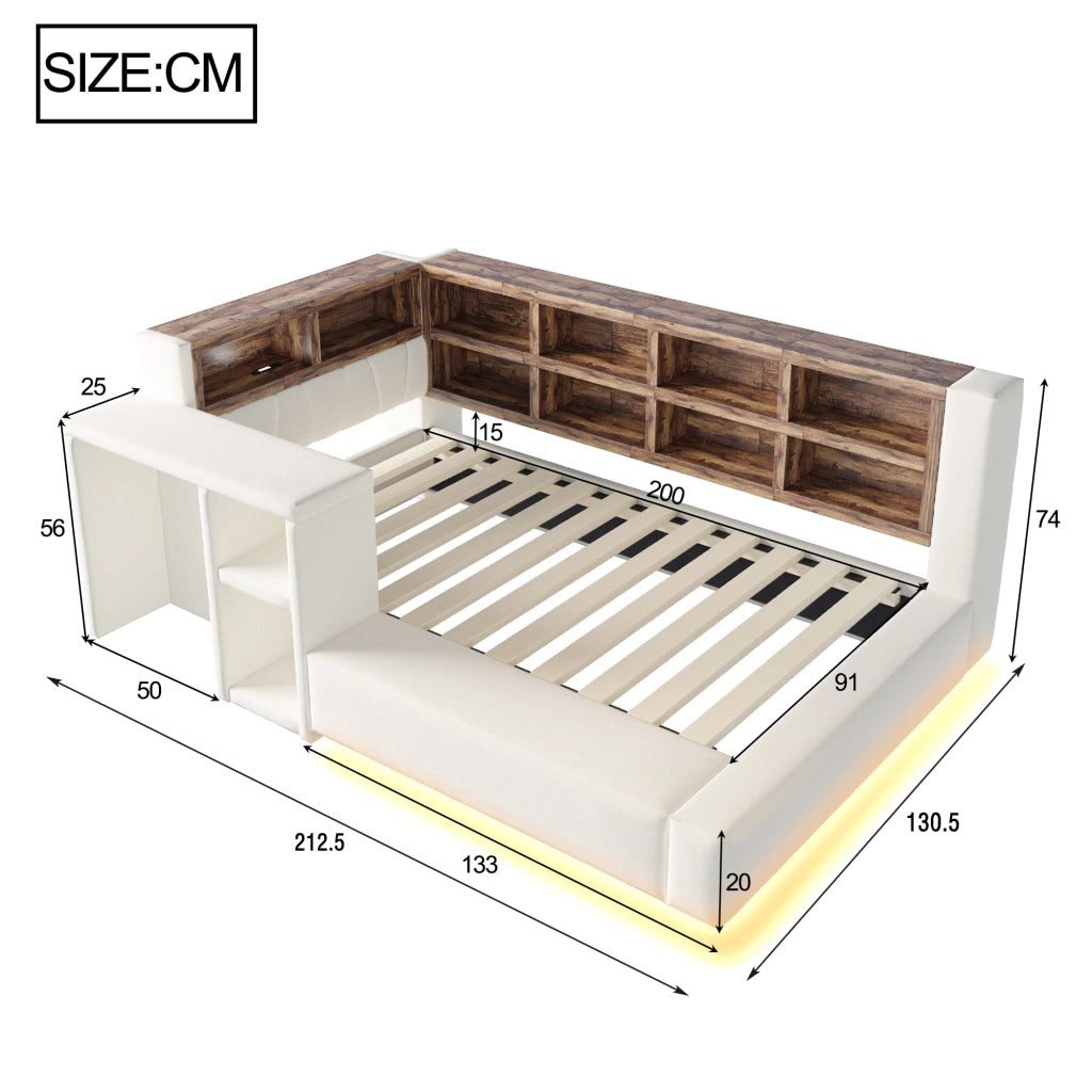 Letto imbottito 90 x 200 cm con contenitore, USB/LED e tavolino laterale, beige