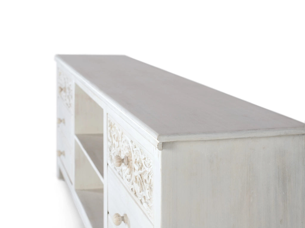 Mobile TV con 6 cassetti e 2 vani realizzato in legno naturale