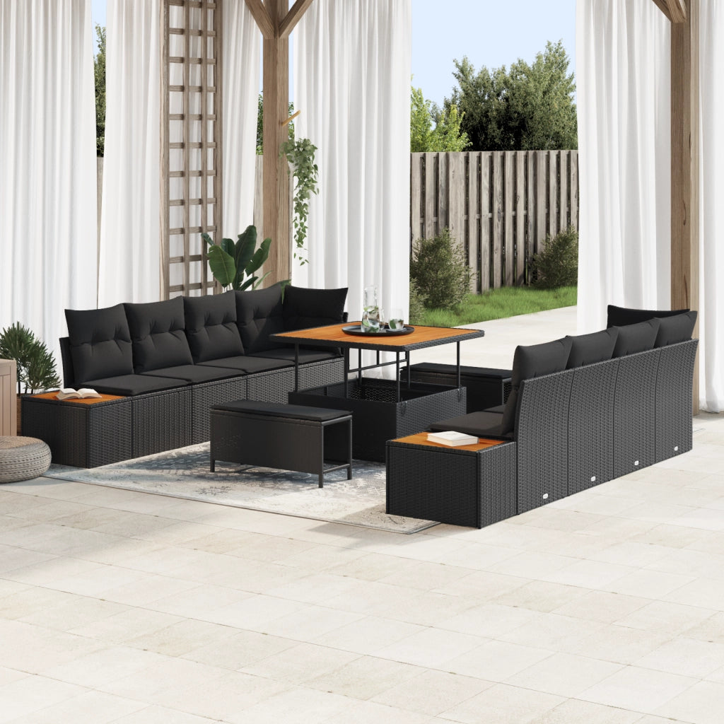 Set di Divani da Giardino  da 11 Pezzi con Cuscini Nero Polyrattan Acacia